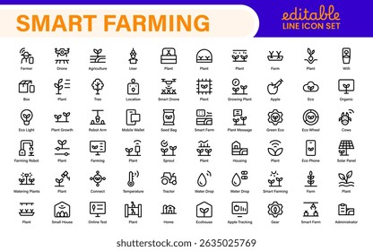 Modern Agritech and Smart Farming Icons – Clean Outline, Line Art, Vector Illustrations for Farm Technology, Automation, and Sustainable Agriculture Projects