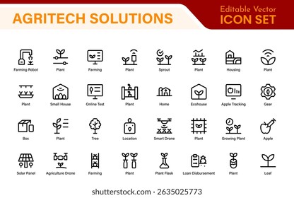Modern Agritech and Smart Farming Icons – Clean Outline, Line Art, Vector Illustrations for Farm Technology, Automation, and Sustainable Agriculture Projects