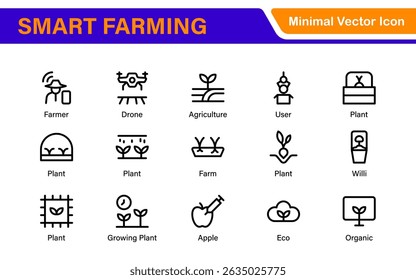 Modern Agritech and Smart Farming Icons – Clean Outline, Line Art, Vector Illustrations for Farm Technology, Automation, and Sustainable Agriculture Projects