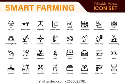 Modern Agritech and Smart Farming Icons – Clean Outline, Line Art, Vector Illustrations for Farm Technology, Automation, and Sustainable Agriculture Projects