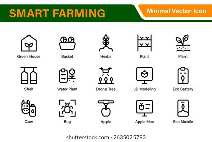 Modern Agritech and Smart Farming Icons – Clean Outline, Line Art, Vector Illustrations for Farm Technology, Automation, and Sustainable Agriculture Projects