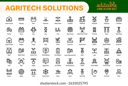 Modern Agritech and Smart Farming Icons – Clean Outline, Line Art, Vector Illustrations for Farm Technology, Automation, and Sustainable Agriculture Projects