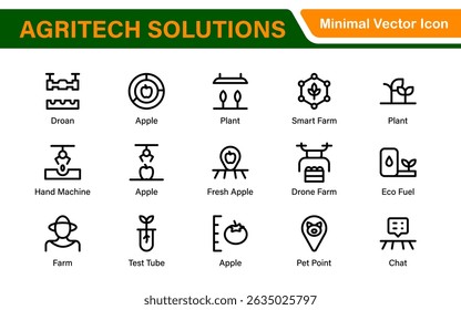 Modern Agritech and Smart Farming Icons – Clean Outline, Line Art, Vector Illustrations for Farm Technology, Automation, and Sustainable Agriculture Projects