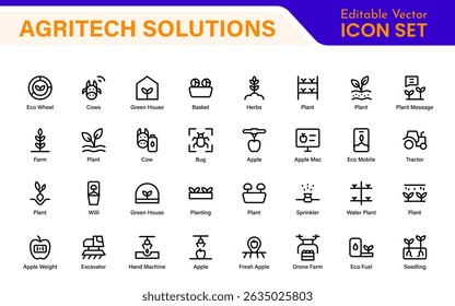 Modern Agritech and Smart Farming Icons – Clean Outline, Line Art, Vector Illustrations for Farm Technology, Automation, and Sustainable Agriculture Projects