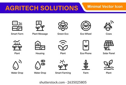Modern Agritech and Smart Farming Icons – Clean Outline, Line Art, Vector Illustrations for Farm Technology, Automation, and Sustainable Agriculture Projects
