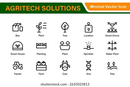 Modern Agritech and Smart Farming Icons – Clean Outline, Line Art, Vector Illustrations for Farm Technology, Automation, and Sustainable Agriculture Projects