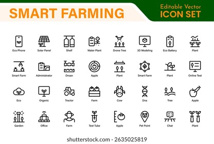 Modern Agritech and Smart Farming Icons – Clean Outline, Line Art, Vector Illustrations for Farm Technology, Automation, and Sustainable Agriculture Projects