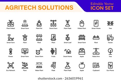 Modern Agritech and Smart Farming Icons – Clean Outline, Line Art, Vector Illustrations for Farm Technology, Automation, and Sustainable Agriculture Projects
