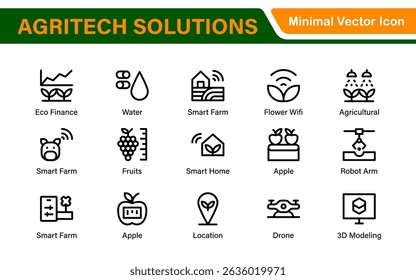Modern Agritech and Smart Farming Icons – Clean Outline, Line Art, Vector Illustrations for Farm Technology, Automation, and Sustainable Agriculture Projects