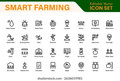 Modern Agritech and Smart Farming Icons – Clean Outline, Line Art, Vector Illustrations for Farm Technology, Automation, and Sustainable Agriculture Projects
