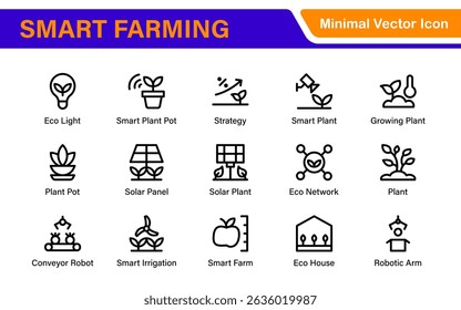 Modern Agritech and Smart Farming Icons – Clean Outline, Line Art, Vector Illustrations for Farm Technology, Automation, and Sustainable Agriculture Projects