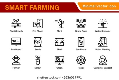 Modern Agritech and Smart Farming Icons – Clean Outline, Line Art, Vector Illustrations for Farm Technology, Automation, and Sustainable Agriculture Projects