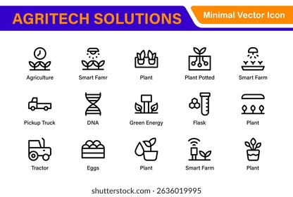 Modern Agritech and Smart Farming Icons – Clean Outline, Line Art, Vector Illustrations for Farm Technology, Automation, and Sustainable Agriculture Projects