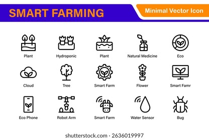 Modern Agritech and Smart Farming Icons – Clean Outline, Line Art, Vector Illustrations for Farm Technology, Automation, and Sustainable Agriculture Projects