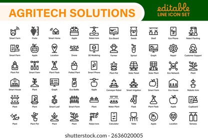 Modern Agritech and Smart Farming Icons – Clean Outline, Line Art, Vector Illustrations for Farm Technology, Automation, and Sustainable Agriculture Projects