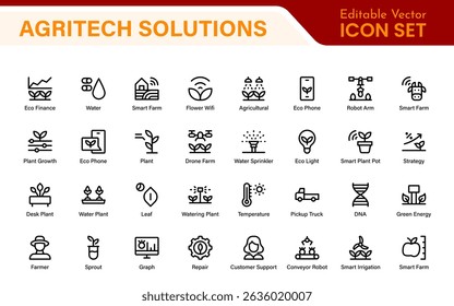 Modern Agritech and Smart Farming Icons – Clean Outline, Line Art, Vector Illustrations for Farm Technology, Automation, and Sustainable Agriculture Projects