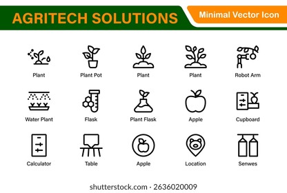 Modern Agritech and Smart Farming Icons – Clean Outline, Line Art, Vector Illustrations for Farm Technology, Automation, and Sustainable Agriculture Projects
