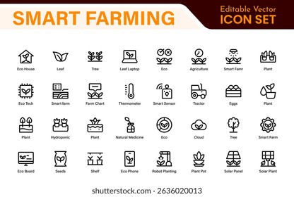 Modern Agritech and Smart Farming Icons – Clean Outline, Line Art, Vector Illustrations for Farm Technology, Automation, and Sustainable Agriculture Projects