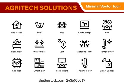 Modern Agritech and Smart Farming Icons – Clean Outline, Line Art, Vector Illustrations for Farm Technology, Automation, and Sustainable Agriculture Projects