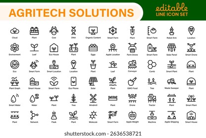 Modern Agritech and Smart Farming Icons – Clean Outline, Line Art, Vector Illustrations for Farm Technology, Automation, and Sustainable Agriculture Projects