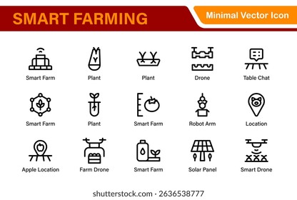 Modern Agritech and Smart Farming Icons – Clean Outline, Line Art, Vector Illustrations for Farm Technology, Automation, and Sustainable Agriculture Projects