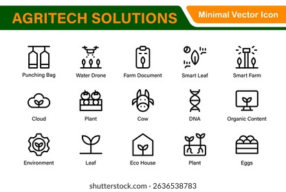 Modern Agritech and Smart Farming Icons – Clean Outline, Line Art, Vector Illustrations for Farm Technology, Automation, and Sustainable Agriculture Projects