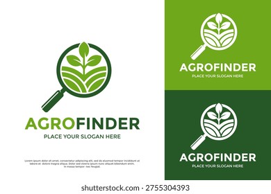 Modern agro finder logo featuring a magnifying glass with a plant leaf for agricultural research and nature search services.