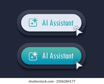 Moderno Botón asistente de IA. Botón de empuje 3D. Estrellas de IA. Concepto de tecnología de inteligencia artificial. Chatea con AI. Diseño UI UX, Ilustración vectorial.