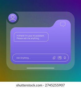 Modern AI assistant chat interface UI template for smartphone or desktop application with gradient background, messaging bubbles, and input field