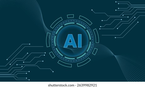 Modern AI background featuring a glowing circular tech interface and circuit lines on dark blue, perfect for themes related to artificial intelligence, data, and computing
