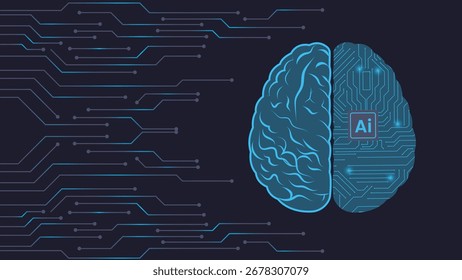 Moderner KI-Hintergrund mit blauen Schaltkreisen und Technologiedesign, die künstliche Intelligenz, digitale Innovation, maschinelles Lernen und futuristisches Konzept darstellen
