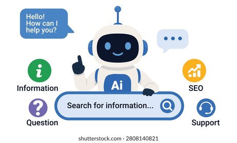 Modern AI chatbot character interacting with a floating search bar to represent artificial intelligence smart search customer support information assistance SEO optimization and digital communication. Clean professional vector illustration suitable for websites mobile applications presentations technology branding marketing materials landing pages educational content and business projects with a modern minimal style and isolated background.

#AI #AIChatbot #ArtificialIntelligence #Chatbot #VirtualAssistant #CustomerSupport #SmartSearch #Technology #Automation #DigitalAssistant #SEO #MachineLearning #Tech #Search #Innovation