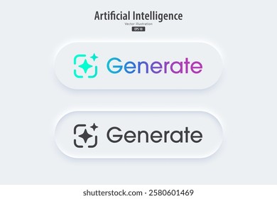 Modern AI Generate button. Generate ideas from machine learning. Generative button in trendy neuromorphic style for Apps, websites, and interfaces. UI UX elements. Vector illustration.