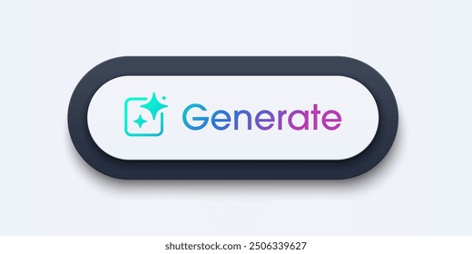 Modern AI generative button. AI is entered by a command prompt to generate ideas. Generatepress button in 3D style for Apps, websites, interfaces. UI UX elements. Vector illustration.