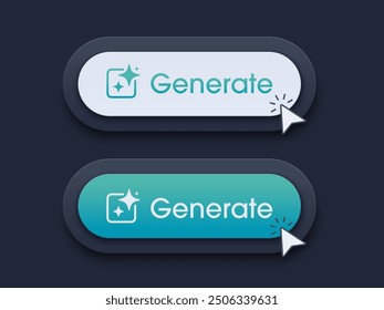 Modern AI generative button. AI is entered by a command prompt to generate ideas. Generatepress button in 3D style for Apps, websites, interfaces. UI UX elements. Vector illustration.