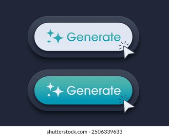 Modern AI generative button. AI is entered by a command prompt to generate ideas. Generatepress button in 3D style for Apps, websites, interfaces. UI UX elements. Vector illustration.