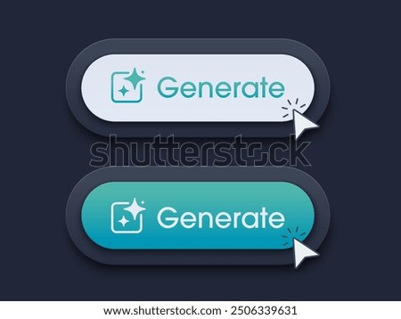 Modern AI generative button. AI is entered by a command prompt to generate ideas. Generatepress button in 3D style for Apps, websites, interfaces. UI UX elements. Vector illustration.