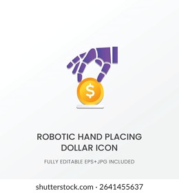 Modern AI hand dropping dollar coin, symbolizing digital transactions, fintech automation, and intelligent financial systems.