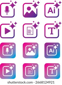 Un moderno conjunto de iconos de IA diseñado para proyectos digitales y creativos. Esta colección incluye iconos vectoriales que representan características de inteligencia artificial como la generación de Imagen Video, la creación de audio y