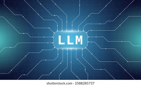 Modern AI illustration featuring large language model, neural network and data connections. Futuristic vector concept for artificial intelligence, machine learning, analytics or digital innovation.