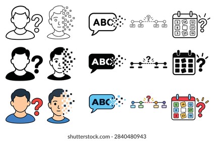 Modern AI learning technology icon collection featuring artificial intelligence, digital education, language learning, smart communication, AI face transformation, knowledge development, question-based timelines, and intelligent calendar concepts. The set includes outline, bold silhouette, and colorful flat icon variations in a consistent modern style. Suitable for AI education platforms, e-learning applications, educational websites, language learning tools, smart scheduling interfaces, digital transformation projects, mobile apps, and technology presentations.

#AI #ArtificialIntelligence #AILearning #DigitalEducation #EdTech #ELearning #SmartLearning #LanguageLearning #EducationTechnology #DigitalTransformation #TechnologyIcons #VectorIcons #OnlineLearning #Innovation #SmartTechnology