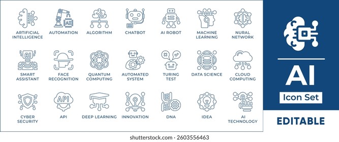 Modern AI line icon set featuring artificial intelligence, automation, neural networks, deep learning, robotics, smart assistants, machine learning, digital transformation, and futuristic technology.