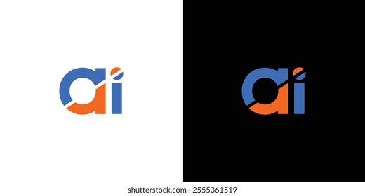 Modern AI logo design showcased on a split black and white background, featuring vibrant orange and blue colors symbolizing innovation and technology.