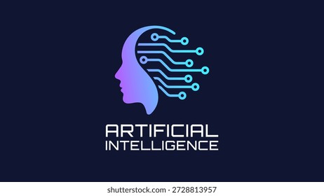 Modernes AI-Logo mit einem menschlichen Kopfprofil mit Leiterplattenanschlüssen. Vektorsymbol für Technologie, maschinelles Lernen, Robotik und Cyber-Innovation.