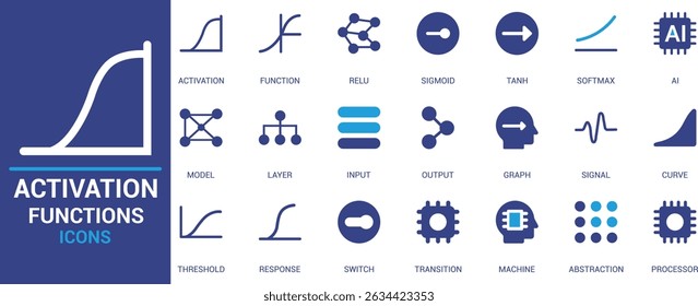 Modern AI and machine learning activation function icons including ReLU, Sigmoid, Tanh, Softmax, and neural network elements. Clean, flat vector design set.

