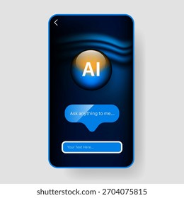 Un moderno diseño de interfaz de App móvil de IA con una esfera brillante con la IA de texto, una Instrucción de burbujas de chat y un campo de entrada en un fondo futurista oscuro