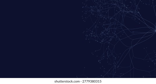 Modern AI neural network background featuring interconnected digital nodes and flowing data lines on a dark blue backdrop with large copy space. This futuristic technology illustration symbolizes artificial intelligence, machine learning, neuroscience, cybersecurity, and digital communication, making it ideal for tech presentations, innovation branding, web banners, scientific visuals, and data-driven design projects.