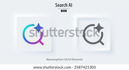Modern AI search engines button. Analysis from machine learning. search button in trendy neuromorphic style for Apps, websites, and interfaces. UI UX elements. Vector illustration.