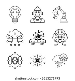 Modern AI and technology icon set with robotic arm, cloud computing, autonomous vehicles, neural networks, and smart vision. Clean line style perfect for digital projects and presentations.