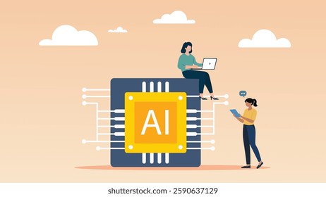 Modern AI technology illustration featuring people interacting with artificial intelligence, digital chip, and cloud computing. Perfect for business, innovation, and tech-related concepts.